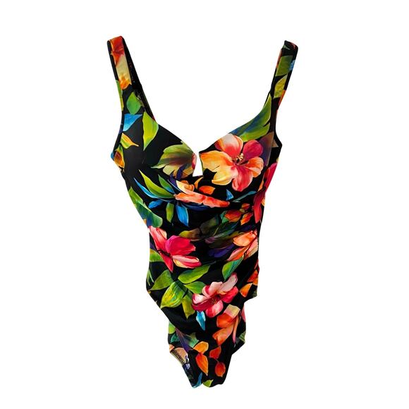 Miracalsuit Tropical Black Floral Print One Piece Suit SZ 12 - Picture 1 of 7
